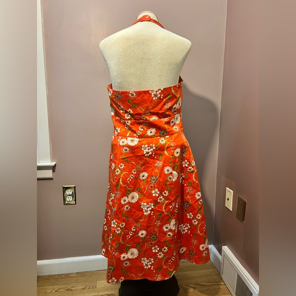 Y2K Spencer Jeremy Orange Floral Embroidered Halter Fit and Flare Dress Size 14 - Picture 6 of 10